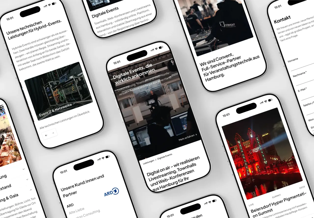 Die neue Convent-Website auf mehreren iPhones