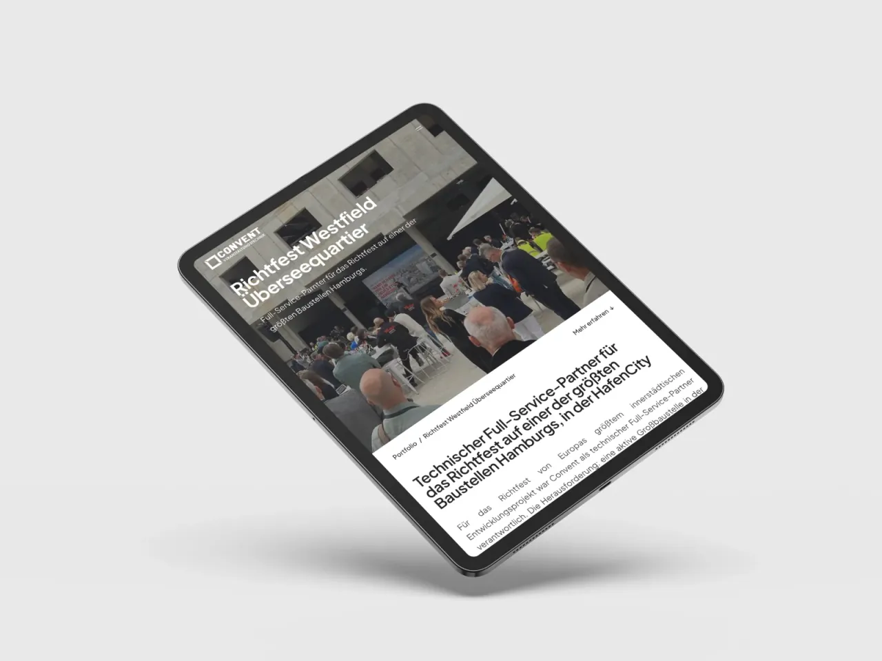 Eine Projektseite der neuen Website auf dem iPad — Richtfest Westfield Überseequartier
