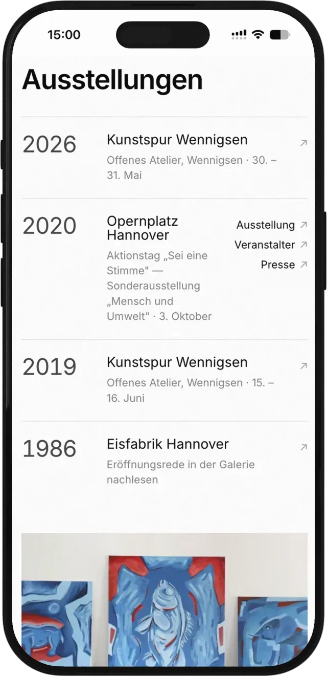 Die Ausstellungshistorie von 1986 bis 2026, mit Verweis auf die Eröffnungsrede