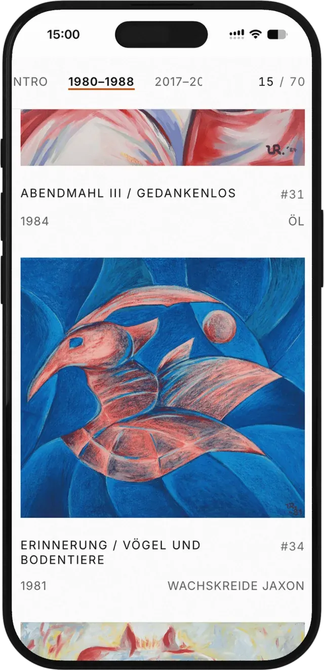Die Umwelt-Galerie mobil — Jahres-Navigation 1980–1988 und Werkzähler 15/70